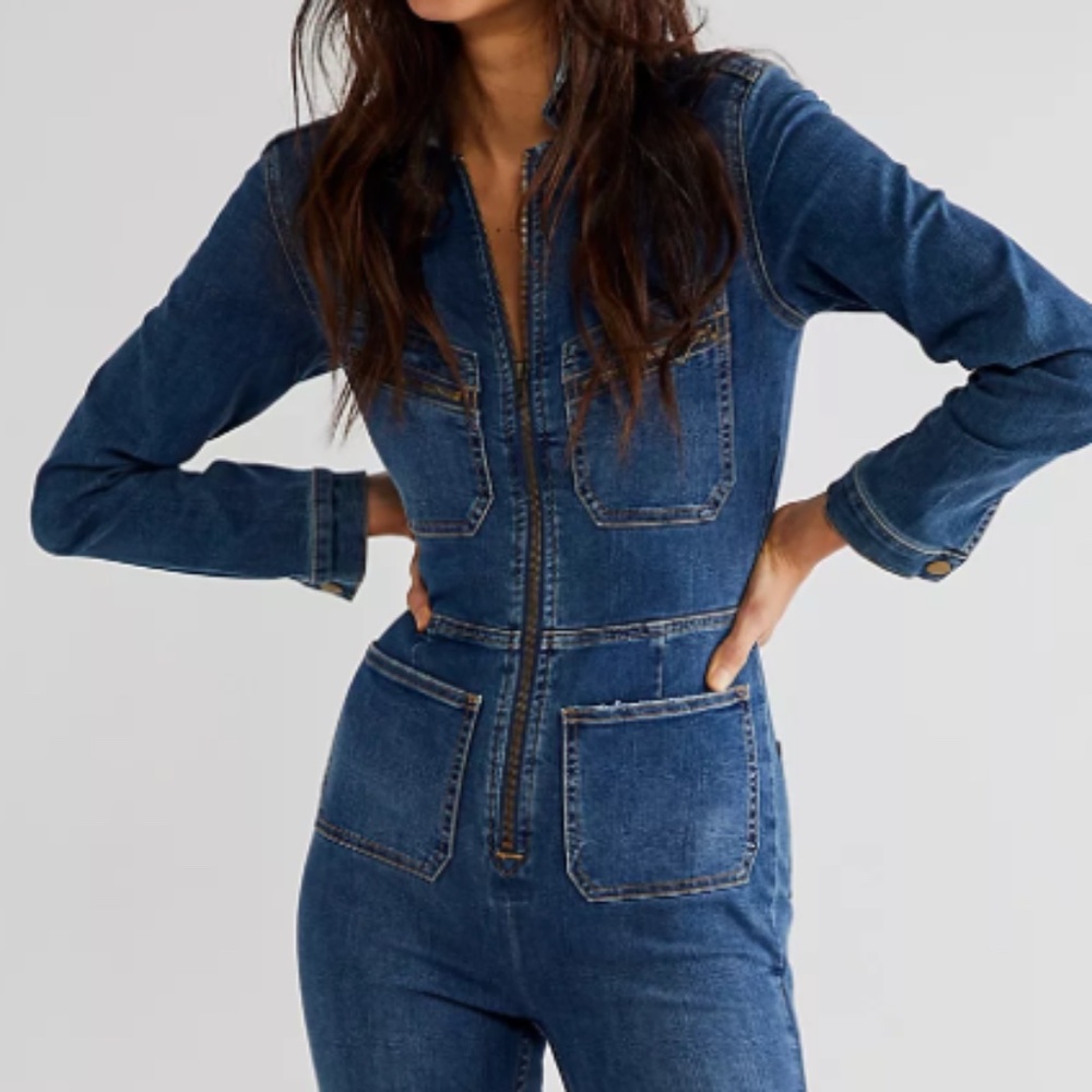 Free People Lennox Jumpsuit Rider Blue Denim Small